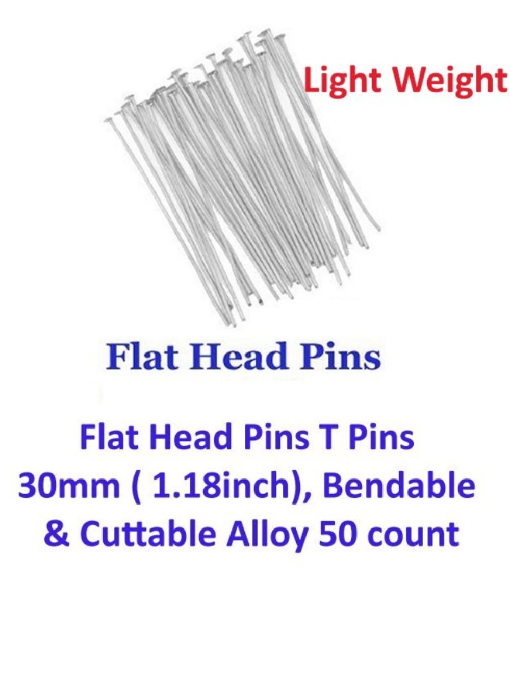 Flat Head Pins T Pins, 30mm ( 1.18inch), Bendable & Cuttable Alloy 50 Pcs  Light